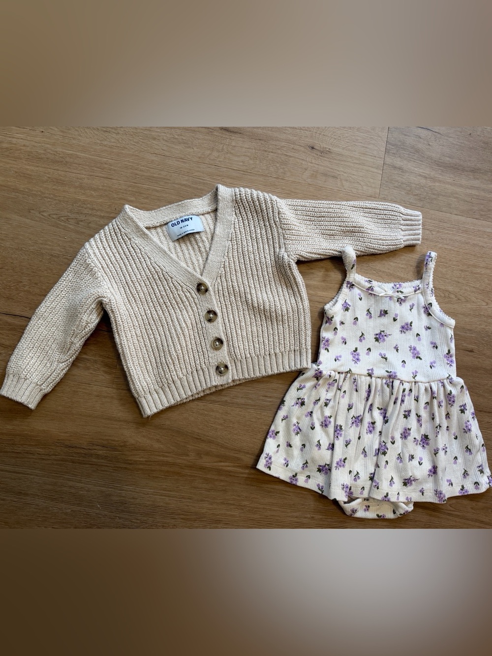 Old Navy Cream Knit Girls Button Cardigan with Floral Romper Dress Set